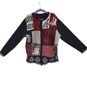 Vintage Kids Size M Full Zip Christmas Sweater Patchwork Winter Scene Grannycore